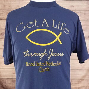 VINTAGE GET A LIFE THROUGH JESUS FISH HOOD UNITED METHODIST CHURCH TSHIRT‎ XL